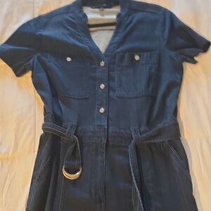 Dark Blue Short-Sleeve Denim Jumpsuit with Belt